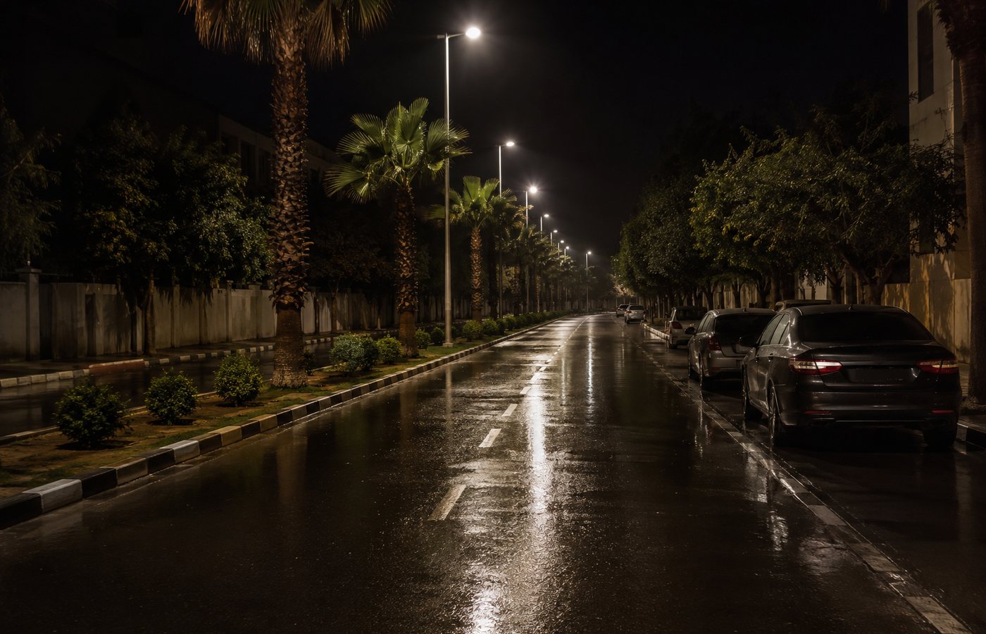 Een lege boulevard na de regen, met natte asfalt waarin de straatlantaarns weerspiegelen en palmen op de middenberm.