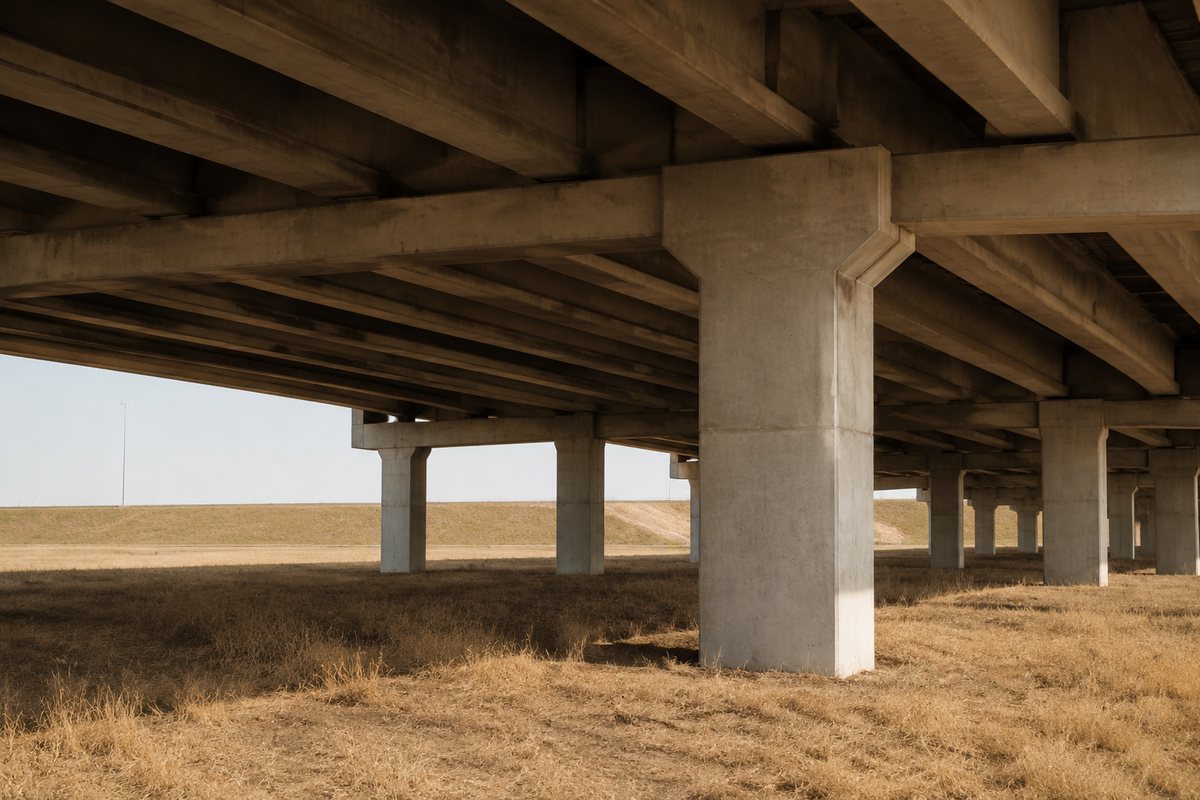 De onderkant van een betonnen viaduct met effen pilaren en droog gras in vlak middaglicht.