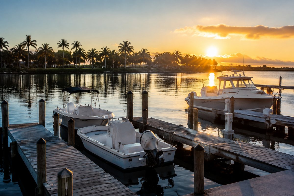 Een kleine jachthaven bij zonsopgang met bescheiden boten aan houten steigers en palmen op de andere oever.